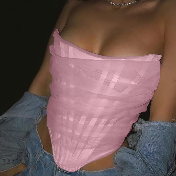Tops - pink sheer cropped mesh corset top